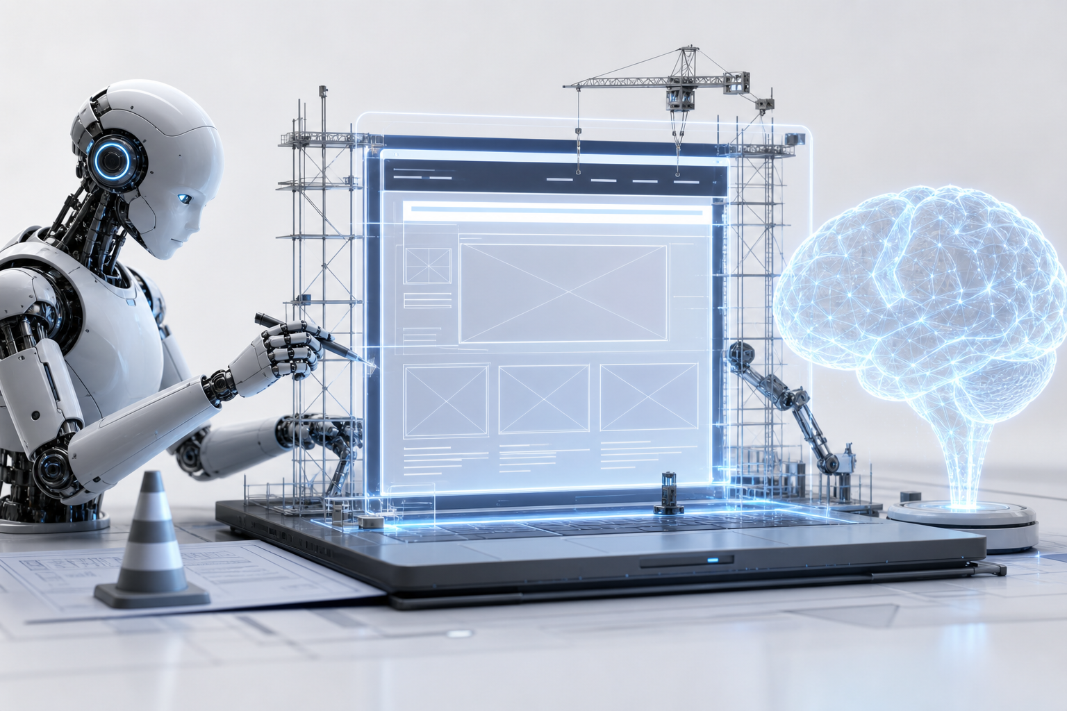 AI and a holographic brain building an under-construction website